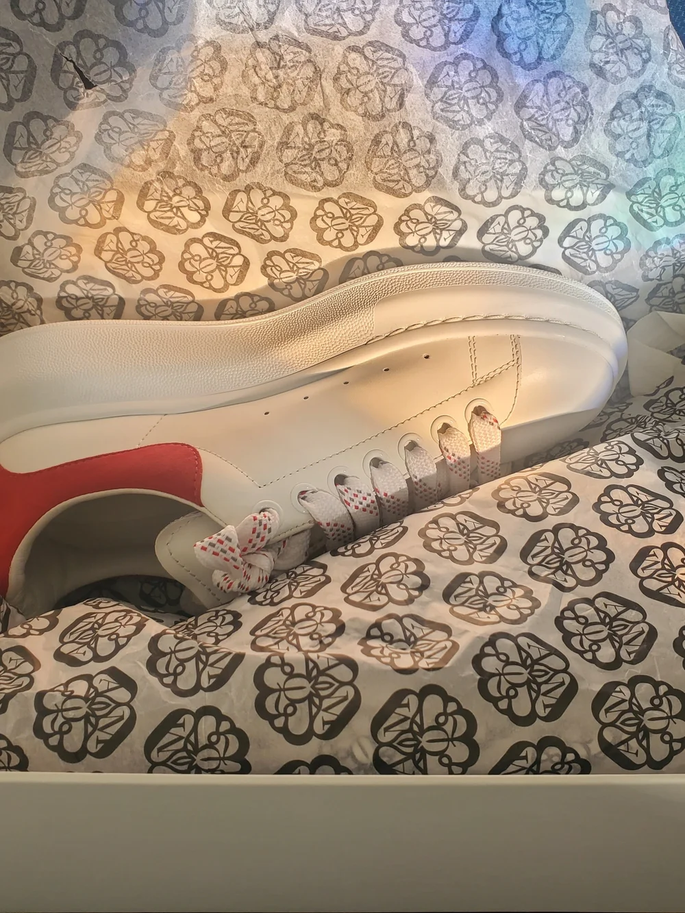 Alexander McQueen White Leather Sneakers with Red Accent and Patterned Laces